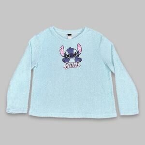 Disney Stitch Mint Green Fuzzy Long Sleeve Girls Sleepwear Top - Size L (12–14)